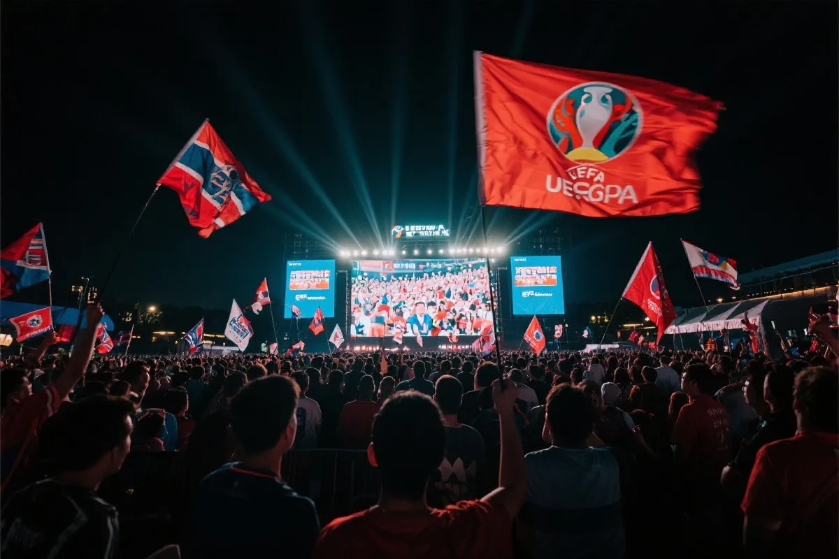 官方球迷区内大屏与观赛人群，夜间灯光氛围，新手球迷沉浸体验