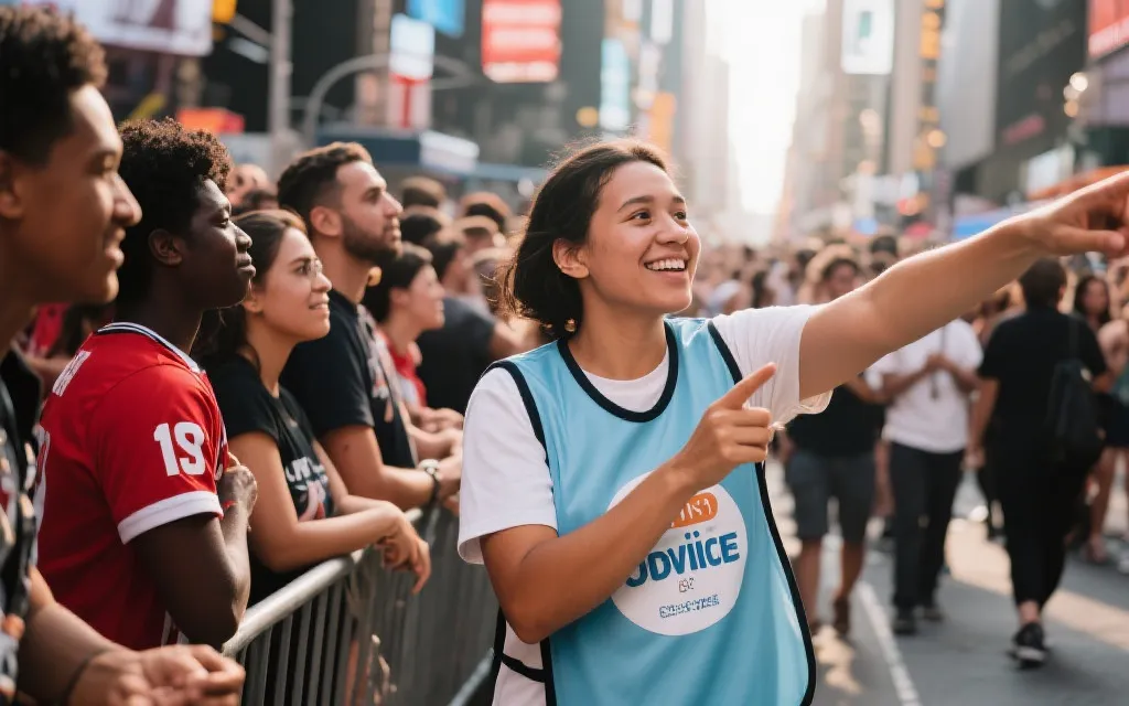 城市志愿者与球迷互动的纪录镜头，温暖日常氛围